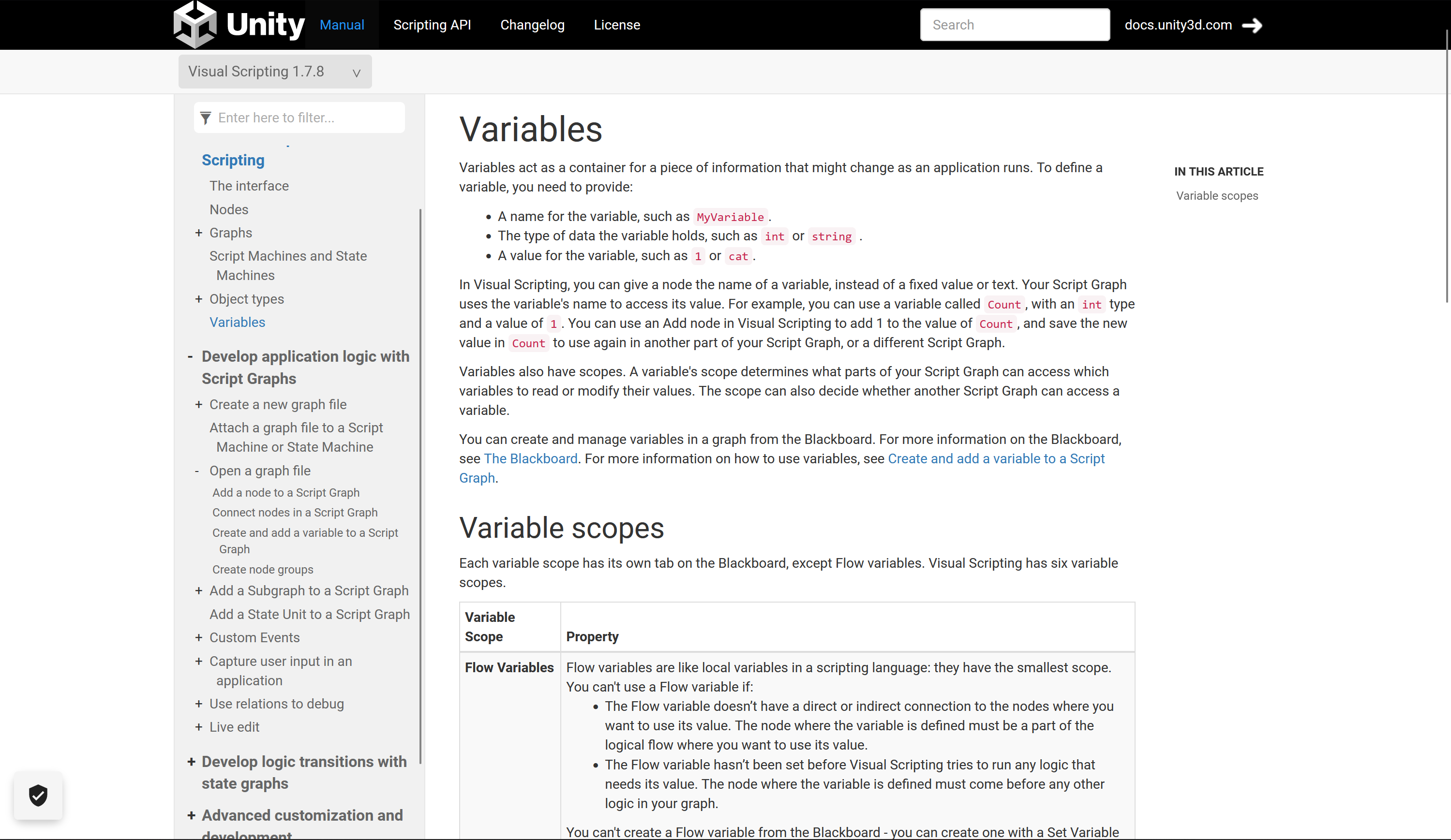An image of the "after" of the Visual Scripting documentation. New information on variables!