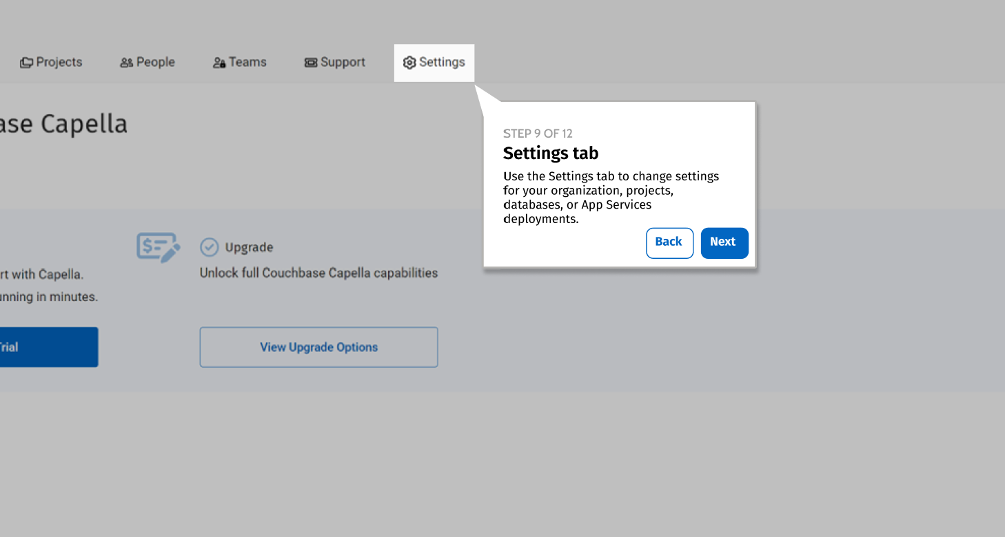 "One frame from the V3 Capella UI tour. It highlights the Settings tab and explains what the user can do with it, with a simple caret pointing to the Settings tab. It has a closer font match to the Capella UI, and has a Next and Back button to allow the user to navigate through the UI tour. It also has a progress tracker at the top of the callout box, telling the user they're on Step 9 of 12."