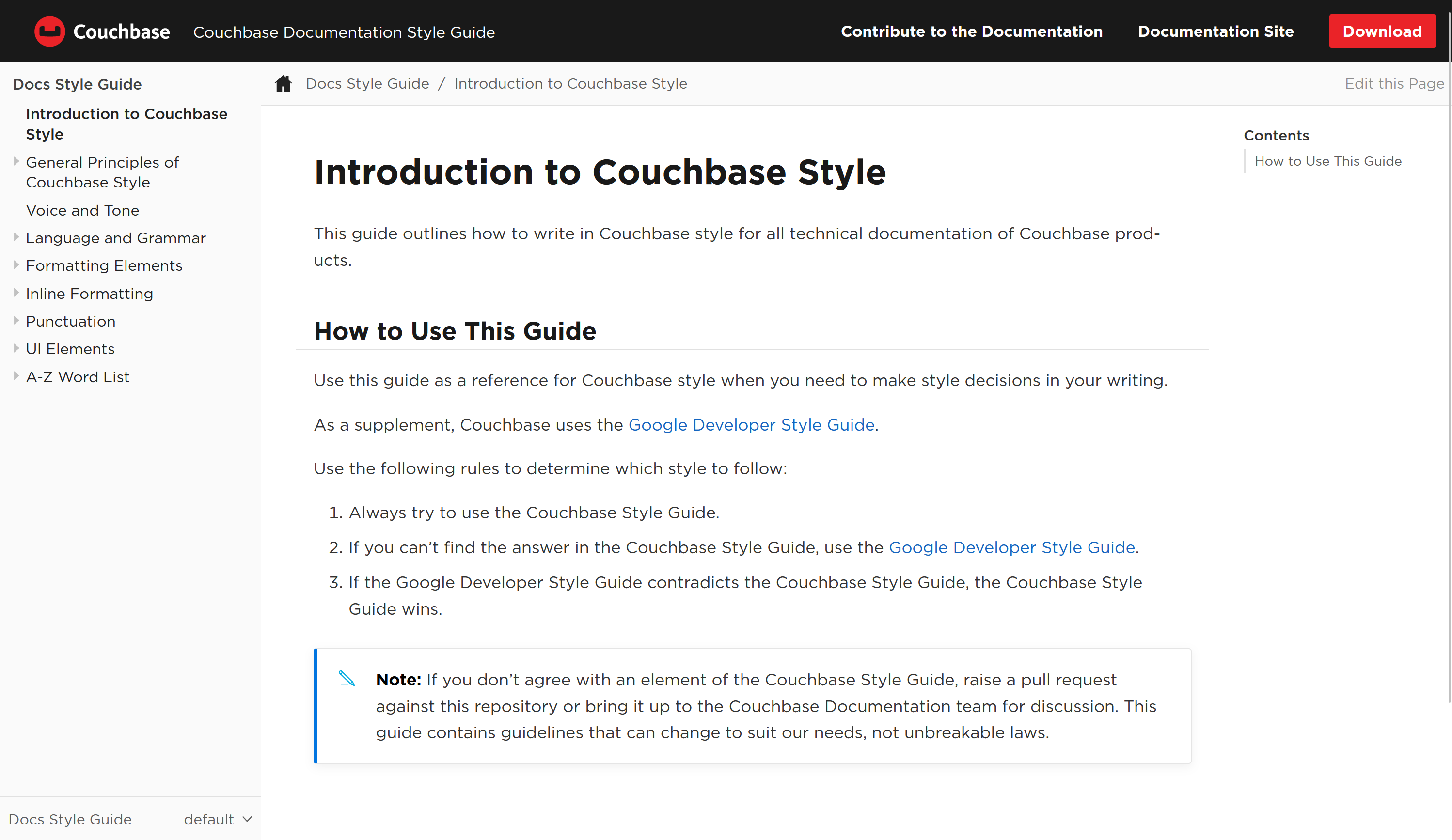 "The main page of the Couchbase Technical Documentation Style Guide."