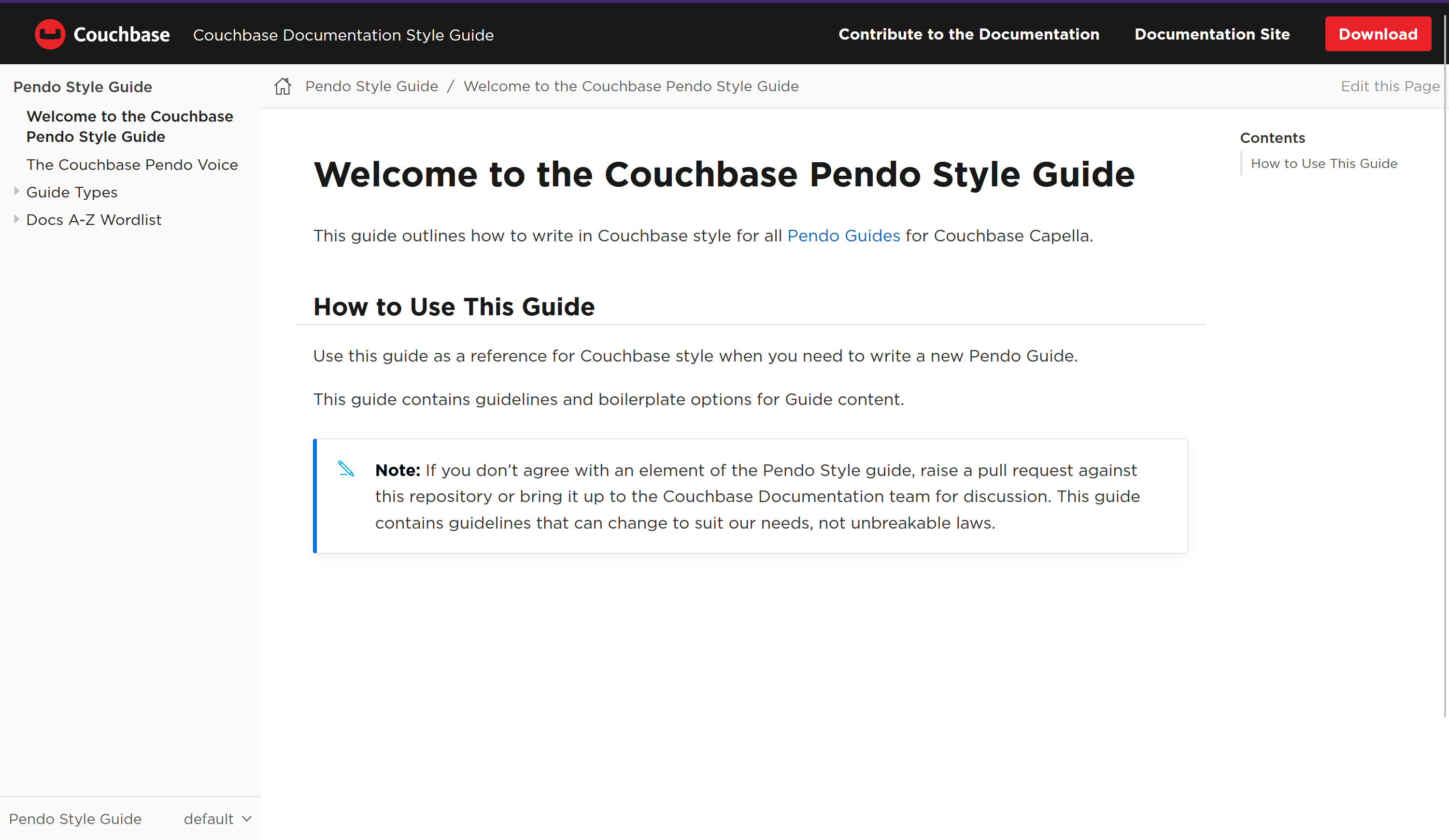 "The main page of the Couchbase Pendo Style Guide."