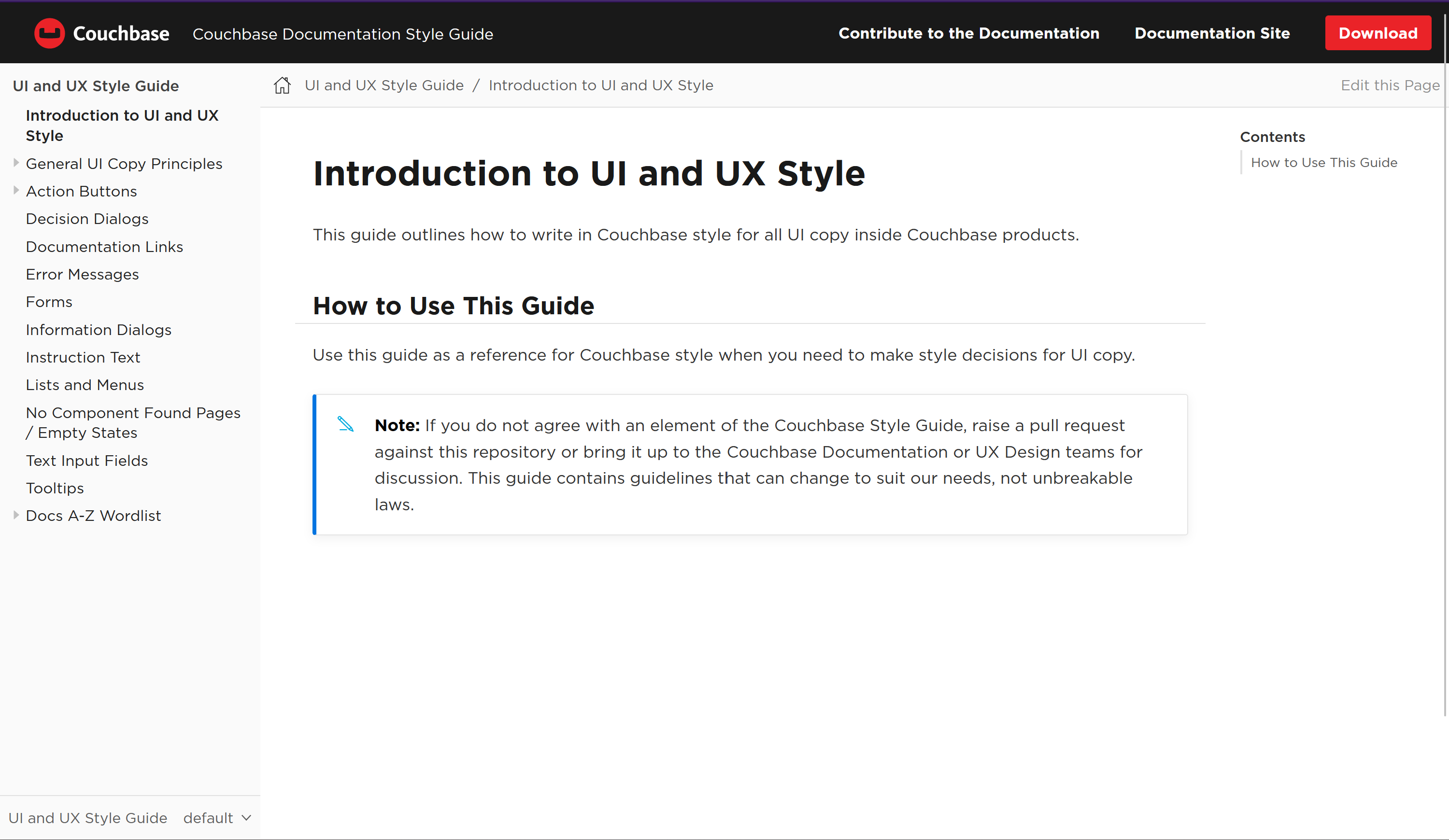 "The main page of the Couchbase UI and UX Copy Style Guide."