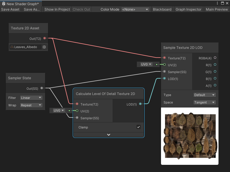 An image of the Graph window, that shows a Texture 2D asset node connected to a Calculate Level of Detail Texture 2D node. The node sends the calculated mip level as an input to the LOD input port on a Sample Texture 2D LOD node.