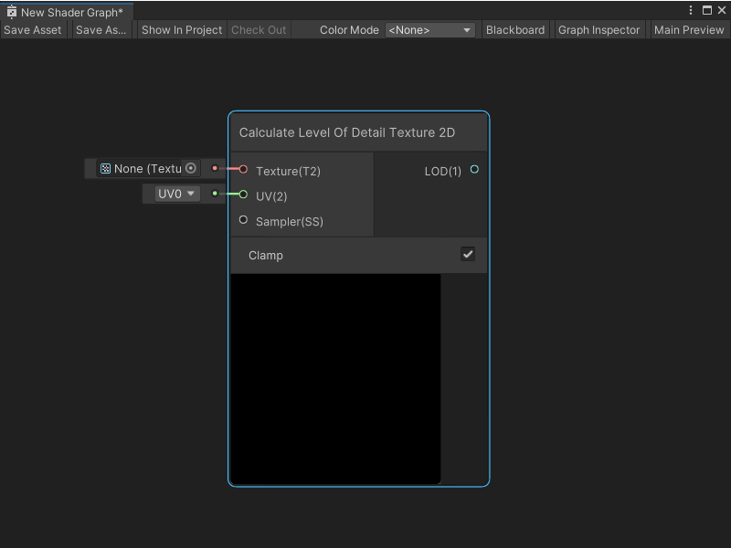 An image of the Graph window, that shows a Calculate Level of Detail Texture 2D node.