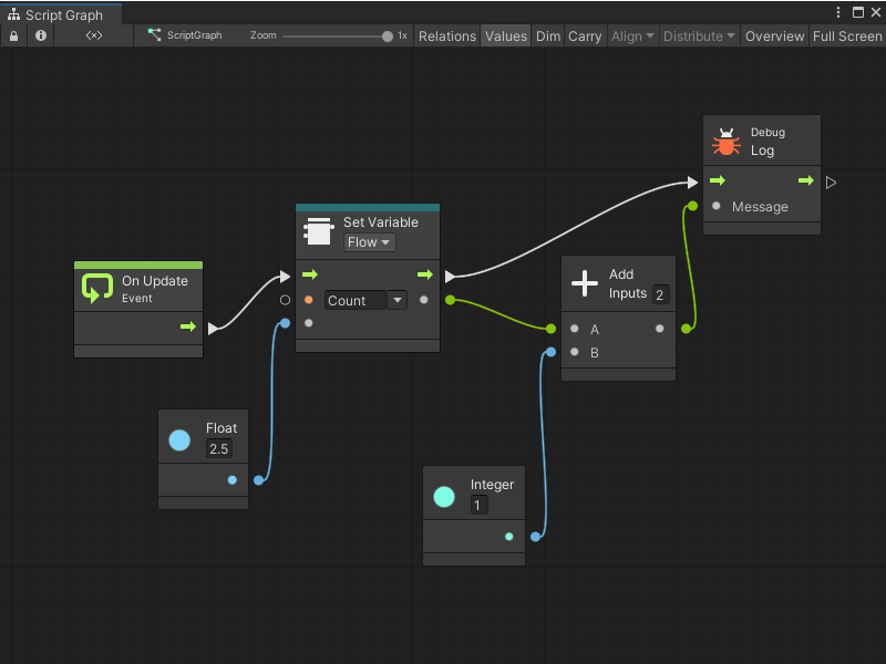 One of the screenshots I took for Visual Scripting, straight from the manual. It shows off a Script Graph!